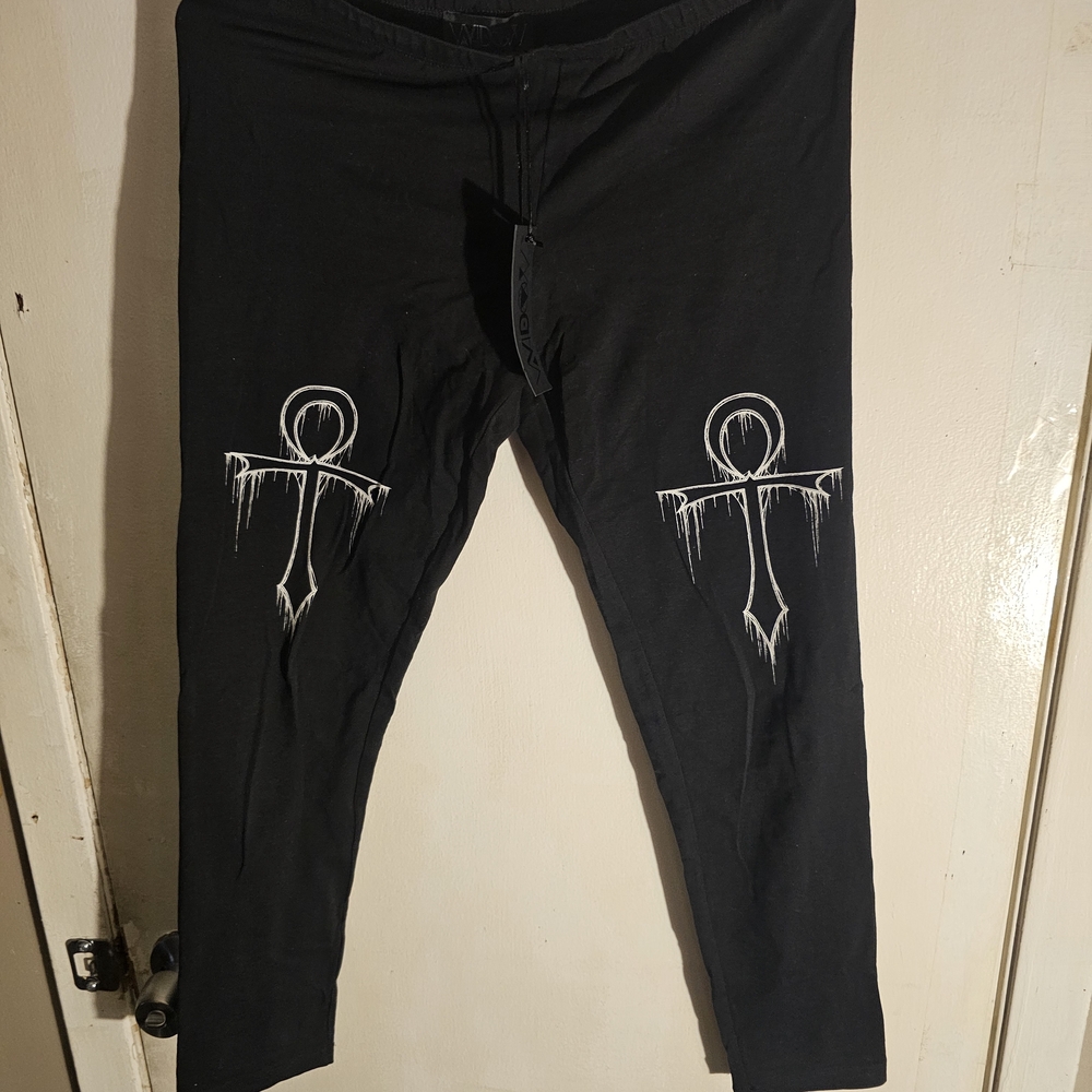 Dolls Kill Black Leggings with White Ankh Design